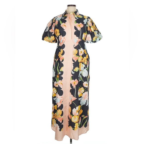 TUCKERNUCK - Floral / Resort - Puff Sleeve Maxi Dress - Light Pink and Navy - XL - Picture 1 of 5